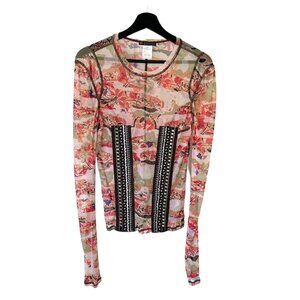 Parasuco Red Tan Mesh Flora Print Long Sleeve Top Large